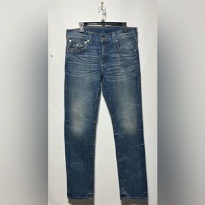True Religion Blue Skinny Flap Jeans with Vintage Wash Size 34 Inseam 34”